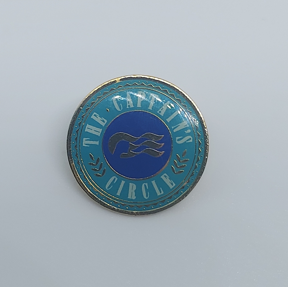 Princess Cruise Captain's Circle Pin Gold Tone with Blue Enamel Details 7/8 inch